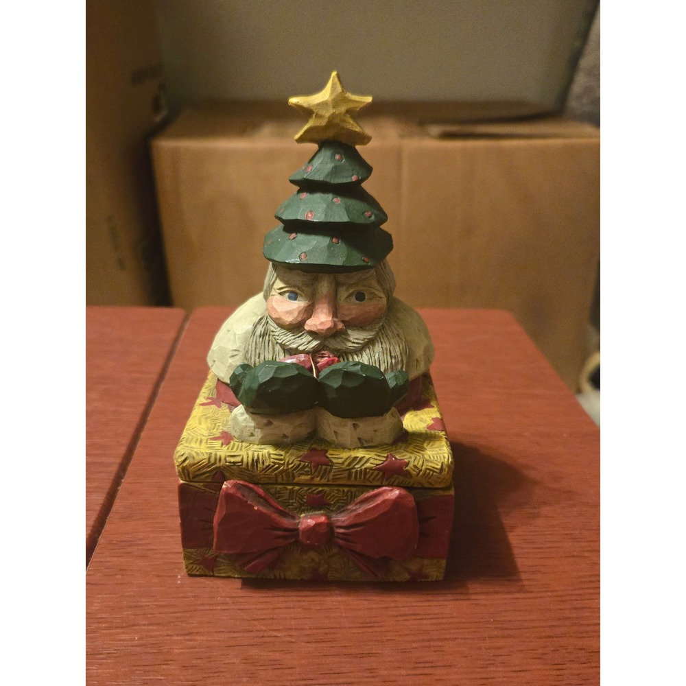 Vintage Style Santa Claus Christmas Tree Hat Trinket Box Folk Art Figurine Red